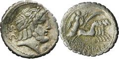 ANCIENT COINS Roman Republic, Q. Antonius Balbus, Denarius serratusRoman RepublicQ. Antonius Balbus, Denar serratus 83-82 BC, Rome mint Obverse: laureate head of Jupiter right, behind SCReverse: Victo