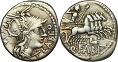 ANCIENT COINS Roman Republic, Q. Fabius Labeo, Denarius 124 BCRoman Republic Q. Fabius Labeo (124 BC), Denarius, Rome mint Obverse: Roma head right, ROMA on the left, LABEO on the right and the mint m