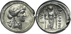 ANCIENT COINS Roman Republic, Clodius Turrinus, Denarius 42 BCThe reverse of this denarius may refer to the deification of Julius Caesar or Ludi Apollinares which took place from July 6 to 13 each yea