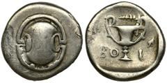 Greece Greece, Boeotia, Thebes, Hemidrachm - RARERare variant with a leaf on the reverse.BoeotiaThebes, Hemidrachm 393-338 BCObverse: laureate head of Poseidon rightReverse: kantharos, on the sides BO
