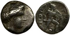 Greece Greece, Lokris, Opus, Hemidrachm - VERY RAREVery rare Lokrian hemidrachm, with a plume helmet placed under Ajax's feet, and a wreathed Persephone's head with horns. The portrait of Persephone p