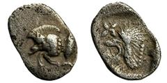 Greece Greece, Mysia, Kyzikos, HemiobolMysia Kyzikos, Hemiobol, 525-475 BC Obverse: forepart of boar left, tunny to rightReverse: head of lion left, X aboveWeight 0.40 g.MyzjaKyzikos, Hemiobol, 525-47