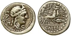 Roman Republic Roman Republic, Allius Bala, Denarius - VERY RAREVery rare denarius due to an ear of grain placed under a galloping biga, at the Leu Numismatik auction, sold in 2019 for 757 EUR. The re