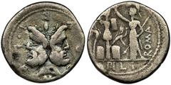 Roman Republic Roman Republic, Furius Philus, DenariusRoman Republic L. Furius Philus (121 BC), Denarius 121 BC, Rome mint Obverse: aureate head of JanusM•FOVRI•L•F Reverse: Roma standing left, holdin