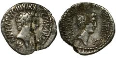 Roman Republic Roman Republic, Marc Antony and Octavian, Denarius - RARERare Mark Antony and Octavian denarius minted in the portable military mint at Ephesus.The coin was broken and had been glued to