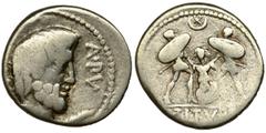Roman Republic Roman Republic, Titurius Sabinus, DenariusRoman Republic L. Titurius L. f. Sabinus (89 BC), Denarius 89 BC, Rome mint Obverse: bareheaded, bearded head of King Tatius right, palm frond 