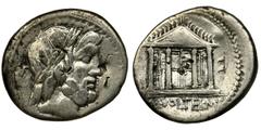 Roman Republic Roman Republic, Volteius, DenariusRoman RepublicM. Volteius M. f., Denarius 75 BC, Rome mintObverse: laureate and bearded head of Jupiter rightReverse: Tetrastyle temple of Jupiter Capi