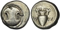 ANCIENT COINS Greece, Boeotia, Thebes, StaterBoeotiaThebes, Stater 368-364 BC Obverse: boeotian shield Reverse: amphora, AP-KA on the sides Weight Beocja Teby, Stater 368-364 pneAwers: tarcza beockaRe