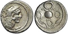 ANCIENT COINS Roman Republic, Faustus Cornelius Sulla, Denarius - RARERare denarius with three small wreaths (coronae triumphales) symbolizing the three triumphs awarded to Pompey, then also called Ma