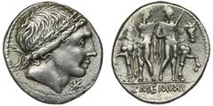 ANCIENT COINS Roman Republic, L. Memmius, DenariusRoman RepublicL. Memmius (109–108 BC), Denarius, Rome mintObverse: head right, wearing oak wreathReverse: Dioscuri standing facing before their horses