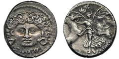 ANCIENT COINS Roman Republic, L. Plautius Plancus, DenariusRare Republican denarius with head of Medusa on the obverse. Roman Republic L. Plautius Plancus (47 BC), Denarius, Rome mint Obverse: Medusa 