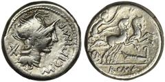 ANCIENT COINS Roman Republic, M. Cipius M. f., DenariusRoman Republic M. Cipius M. f. (115-114 BC), Denarius, Rome mint Obverse: helmeted head of Roma right, M•CIPI•MF before, X behind Reverse: Victor