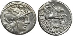 ANCIENT COINS Roman Republic, M. Marcius M.f., DenariusRoman Republic M. Marcius M.f. (134 BC), Denarius 134 BC, mint Rome Obverse: helmeted head of Roma right, modius to left, mark of value below chi