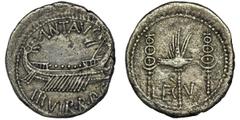 ANCIENT COINS Roman Republic, Marc Antony, DenariusRoman RepublicMark Antony (32-31 BC), Denarius 32-31 BC, Patrae mint (?)Obverse: Praetorian galley, ANT AVG at the top, III VIR R P C at the bottomRe