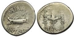 ANCIENT COINS Roman Republic, Marc Antony, Denarius - RARERare legion issue of the VIII Legion about which there is not much information in the literature. It seems that this legion of Antony was disb
