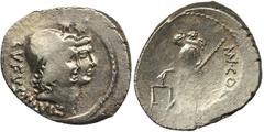 ANCIENT COINS Roman Republic, Mn. Cordius Rufus, DenariusVery well preserved specimen. Roman Republic Mn. Cordius Rufus (46 BC), Denarius, Rome mint Obverse: heads of two Dioscurs right, on the back t