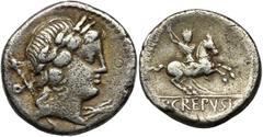 ANCIENT COINS Roman Republic, P. Crepusius, DenariusRoman Republic P. Crepusius, Denarius 82 BC, Rome mint Obverse: Apollo head in the wreath facing right, in the left field a scepter and mint mark O,