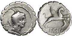 ANCIENT COINS Roman Republic, Papius, Denarius serratus - VERY RAREVery rare type of Papius denarius with mint marks, decorated triangle behind head on the obverse and horn on the reverse. On all dena