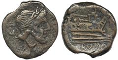 ANCIENT COINS Roman Republic, Anonymous semisCoin from the auction of I. Vecchi sale 3, 1996, 108. Roman Republic Anonymous semis after 211 BC, Rome mint Obverse: Saturn head right Reverse: ship bow t