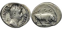 ANCIENT COINS Roman Imperial, Octavian Augustus, DenariusDenarius minted to award Augustus the title of Imperator Decimum (IMP X), in honor of the victory won by the Romanlegions in Pannonia.Roman Imp
