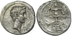 ANCIENT COINS Roman Imperial, Octavian Augustus, DenariusRoman Imperial Octavian Augustus (27 BC-14 AD), Denarius 30-29 BC, uncertain Italian mintObverse: bare head of Augustus rightReverse: military 
