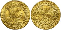 POLISH COINS Stephan Bathory, Ducat Danzig 1586Odmiana z otokiem wewnętrznym sznurowym, otok zewnętrzny z korali i pereł.Typ z popiersiem króla w zbroi zdobionej głową lwa, bity w latach 1584-1587.Atr