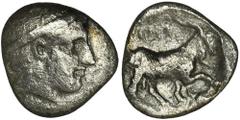 ANCIENT COINS Greece, Thrace, Ainos, DiobolGreeceThrace, Ainos, Thrace, Diobol 408-406 BC Obverse: head of Hermes to right, wearing petasosReverse: goat walking to right, AINI above, crab below forele