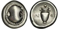 ANCIENT COINS Greece, Boeotia, Thebes, Stater - legend retrograde, VERY RAREVery rare variant with the letters BO–IΩ, backwards written ΩI-OB.Only 2 listings on Coinarchives, including the presented s