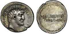 ANCIENT COINS Roman Republic, Marc Antony, Denarius - ex. Demarete Collection, RARERare and very well preserved Mark Antony denarius with the letter P behind the Emperor ear. This is the only known ex
