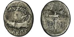 ANCIENT COINS Roman Republic, Marc Antony, DenariusLegionary emission.Roman RepublicMark Antony (32-31 BC), Denarius 32-31 BC, Patrae mint (?)Obverse: Praetorian galley, ANT AVG at the top, III VIR R 