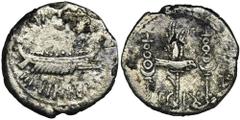 ANCIENT COINS Roman Republic, Marc Antony, DenariusLegionary emission.Roman RepublicMark Antony (32-31 BC), Denarius 32-31 BC, Patrae mint (?)Obverse: Praetorian galley, ANT AVG at the top, III VIR R 