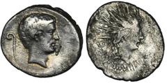 ANCIENT COINS Roman Republic, Marc Antony, Denarius - VERY RAREVery rare Marc Antony denarius with Sol head on the reverse. Banker mark on the obverse. Ex. Naville Numismatics, Auction 16, 2015. Roman