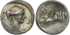 ANCIENT COINS Roman Republic, T. Carisius, DenariusRoman Republic T. Carisius (46 BC), Denarius 46 BC, Rome mint Obverse: Victory bust right, behind S C Reverse: Victory in biga right, holding reins a