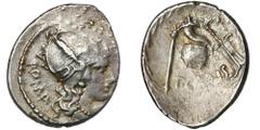ANCIENT COINS Roman Republic, T. Carisius, DenariusRoman Republic T. Carisius (46 BC), Denarius 46 BC, Rome mint Obverse: Roma head in attic helmet right, behind ROMA inscription Reverse: cornucopia o