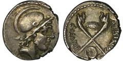ANCIENT COINS Roman Republic, Decimus Iunius Brutus Albinus, DenariusVery well preserved Republican denarius.Ex. Fritz Rudolf Künker, eLive Auction 40, 2016.Roman RepublicDecimus Iunius Brutus Albinus