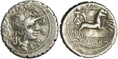 ANCIENT COINS Roman Republic, L. Pomponius Cn. f., DenariusRoman Republic L. Pomponius Cn. f. (118 BC), Denarius 118 BC, mint Narbo Obverse: helmeted head of Roma right, behind XL•POMPONI•CNF Reverse: