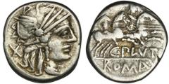 ANCIENT COINS Roman Republic, C. Plautius, DenariusRoman Republic C. Plautius (121 BC), Denarius 121 BC, mint Rome Obverse: helmeted head of Roma right, behind X Reverse: Dioscuri galloping right, C·P
