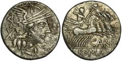ANCIENT COINS Roman Republic, Cn. Papirius Carbo, DenariusRoman Republic Cn. Papirius Carbo (121 BC), Denarius 121 BC, mint Rome Obverse: helmeted head of Roma right, behind her X Reverse: Jupiter in 