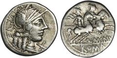 ANCIENT COINS Roman Republic, Q. Minucius Rufus, DenariusRoman Republic Q. Minucius Rufus (122 BC), Denarius 122 BC, mint Rome Obverse: helmeted head of Roma right, behind RVF Reverse: Dioscuri on hor