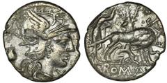 ANCIENT COINS Roman Republic, Sextus Pompeius Faustulus, DenariusRoman Republic Sextus Pompeius Faustulus (137 BC), Denarius 137 BC, Rome mint Obverse: helmeted head of Roma right, jug behind, X below