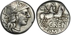 ANCIENT COINS Roman Republic, Renius, DenariusA very interesting denarius due to the rather unusual reverse, i.e. two bucks harnessed in the bida. Roman Republic C. Renius (138 BC), Denarius 138 BC, m