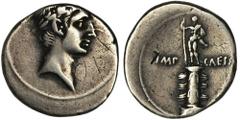 ANCIENT COINS Roman Imperial, Octavian Augustus, DenariusEx. Auctiones GmbH - eAuction 30, 2014. Roman Imperial Octavian Augustus (27 BC-14 AD), Denarius 30-29 BC, uncertain Italian mintObverse: laure