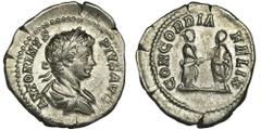 ANCIENT COINS Roman Imperial, Caracalla, Denarius - RARERare and interesting denarius minted for propaganda purposes to inform Roman citizens that there was a happy agreement in the marriage of the yo