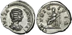 ANCIENT COINS Roman Imperial, Julia Domna, DenariusRoman ImperialJulia Domna (wife of Septimius Severus, 193-217), Denarius 209, Rome mint Obverse: draped bust rightIVLIA AVGVSTAReverse: Pudicitia in 