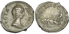 ANCIENT COINS Roman Imperial, Julia Domna, Denarius - RARERare Julia Domna denarius with quadriga of lions on the reverse and the legend MATER AVGG. Roman ImperialJulia Domna (wife of Septimius Severu