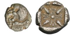 ANCIENT COINS Greece, Ionia, Milet, DiobolGreeceIonia, Milet, Diobol 525-475 BCObverse: head of lion left Reverse: ornament in the form of a four-leaf flower inside an incusum squareDiameter 8 mm, wei