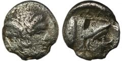 ANCIENT COINS Greece, Mysia, Lampsakos, DiobolGreece Mysia, Lampsakos, Diobol, 500-490 BC Obverse: Janiform female headsReverse: head of Athena right, wearing Corinthian helmet, within incuse squareDi