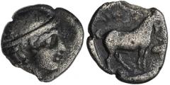 ANCIENT COINS Greece, Thrace, Ainos, DiobolGreeceThrace, Ainos, Thrace, Diobol 408-406 BC Obverse: head of Hermes to right, wearing petasosReverse: goat walking to right, AINI above, crab below forele