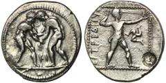 ANCIENT COINS Greece, Pamphylia, Aspendos, Stater - RAREGreecePamphylia, Aspendos, Stater 380-320 pneObverse: two nude wrestlers, standing and grappling with each other, between them KI control mark, 