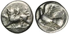 ANCIENT COINS Greece, Peloponnese, Sicyon, TriobolGreece Peloponnese, Sicyon, Triobol ca. 350 BC Obverse: chimera walking left Reverse: dove flying left Diameter 16 mm, weight 2.54 g GrecjaPeloponez, 